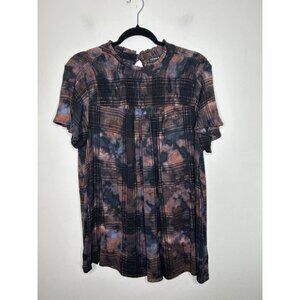 Torrid Top Blouse Brown Tunic Smocked Tie Dye Plaid Casual Womens Size 1
